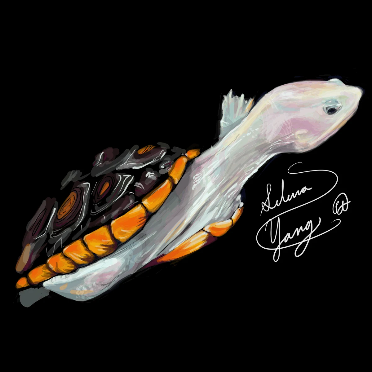 Digital painting of a turtle with a pale neck and orange shell markings